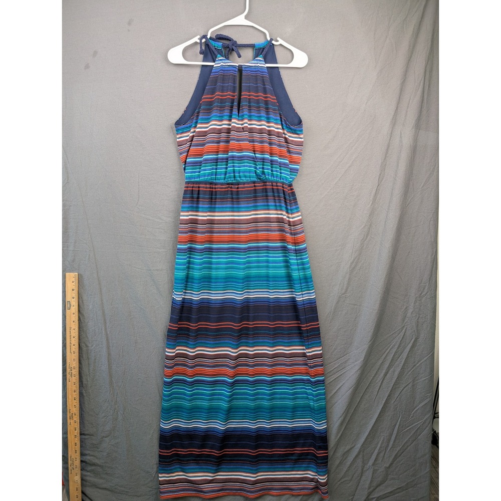 Bisou Bisou Michele Bohbot Striped Halter Maxi Dress Blue Orange Size 8